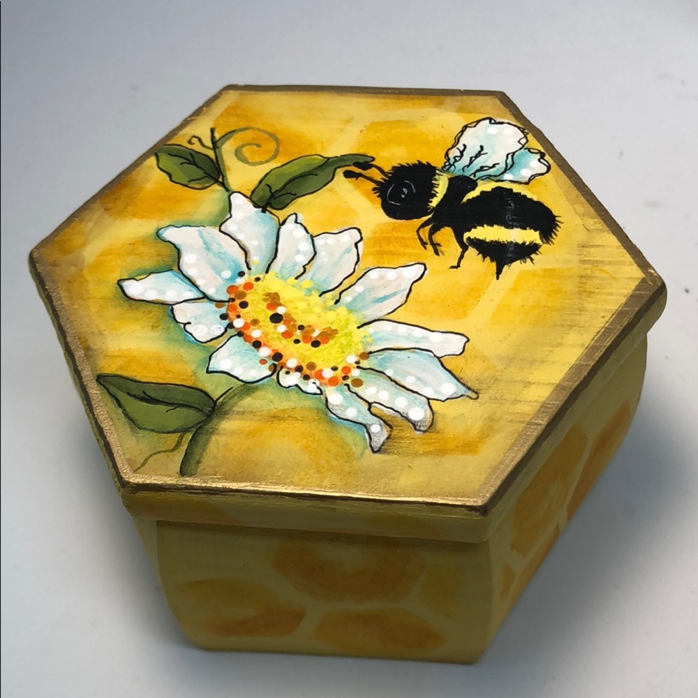 Hexagonal Yellow Trinket Box with hand painted Bee Design with honey comb sides